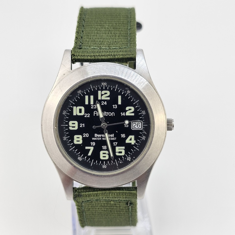 Armitron Durasteel Field Men Watch 39MM‎ Black Dial Date NEW Green Bands Battery